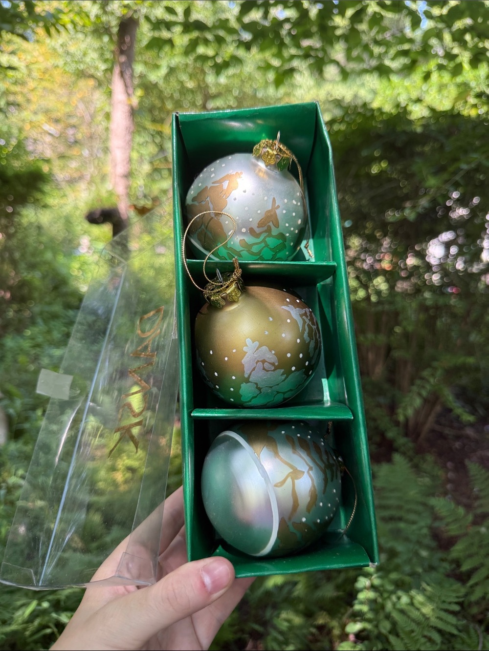 Dansk Green and Gold Hand-Painted Glass Ornament Set